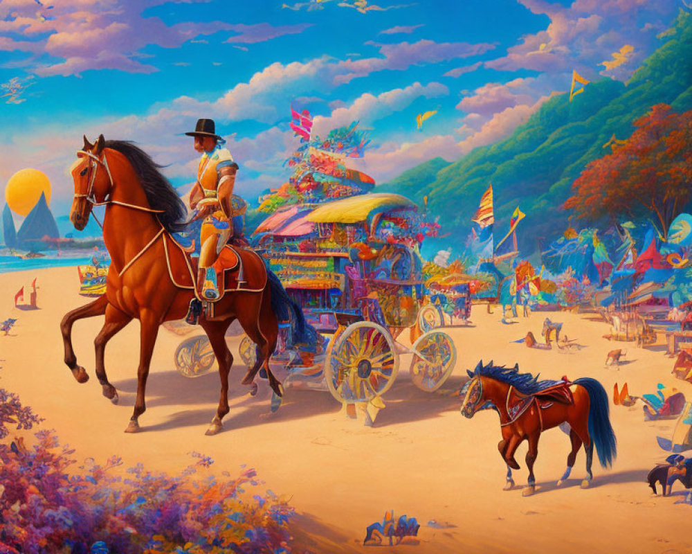 Colorful beach scene with horses and carnival under sunset sky