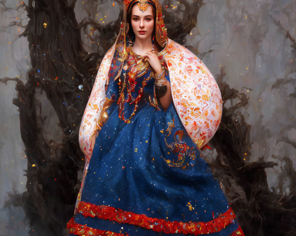 Woman in Blue and Gold Traditional Dress with Elaborate Jewelry Against Misty Tree Backdrop