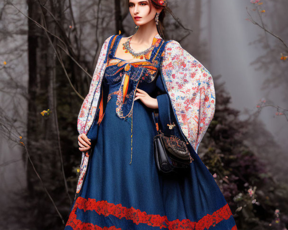 Woman in embroidered dress with red details in misty forest holding purse