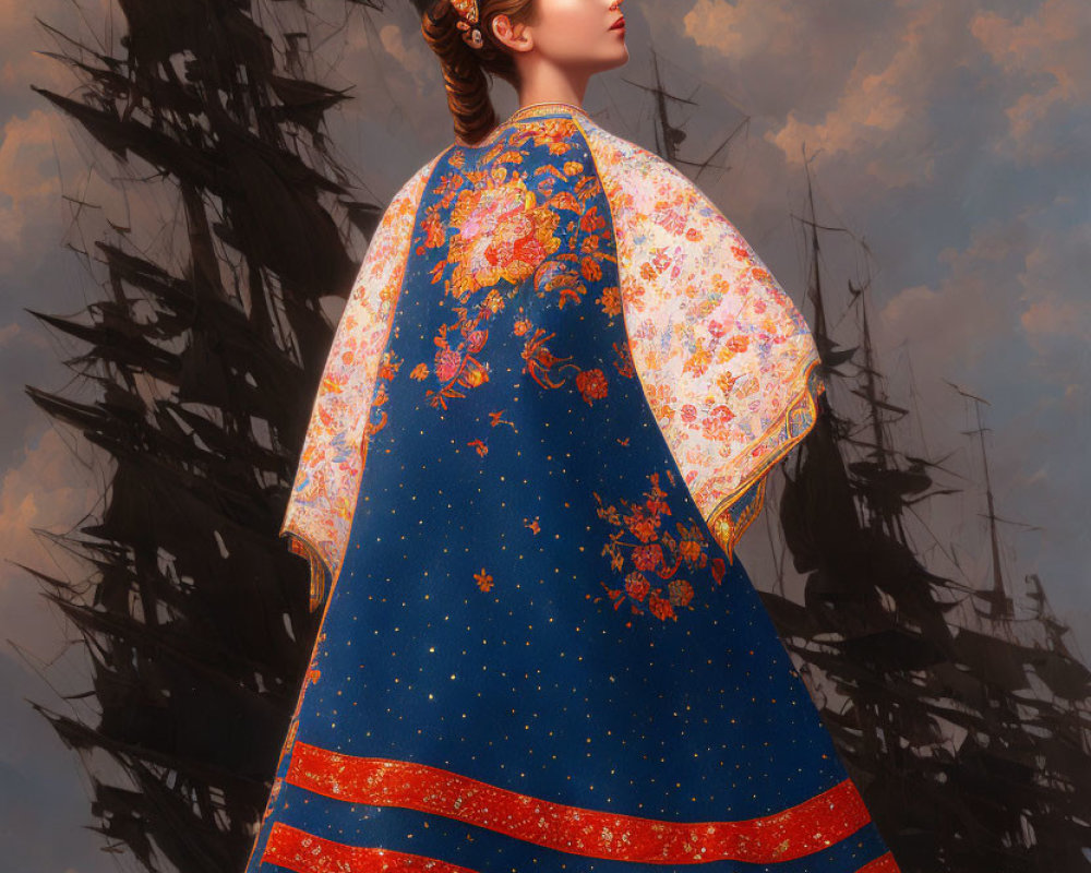 Traditional Asian dressed woman standing at sea with dark ships and cloudy sky.