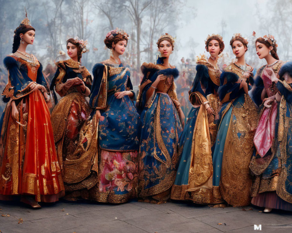 Seven women in ornate European-style dresses in misty forest.