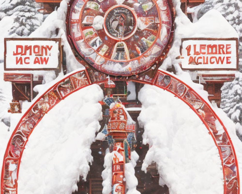 Snow-covered ornate building with large clock and intricate details amidst wintry trees.