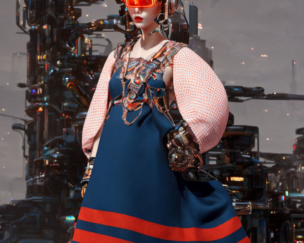 Futuristic woman in elegant dress with orange visor glasses against industrial backdrop