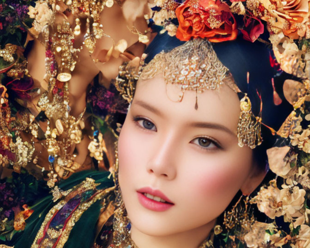 Luxurious Traditional Attire and Jewelry with Floral Background and Roses