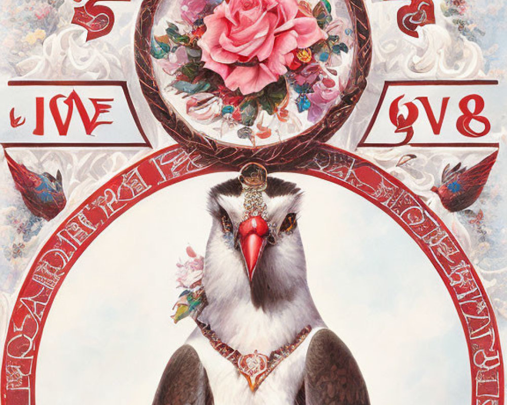 Central Bird Holding Key Surrounded by Floral Motifs and Decorative Frames