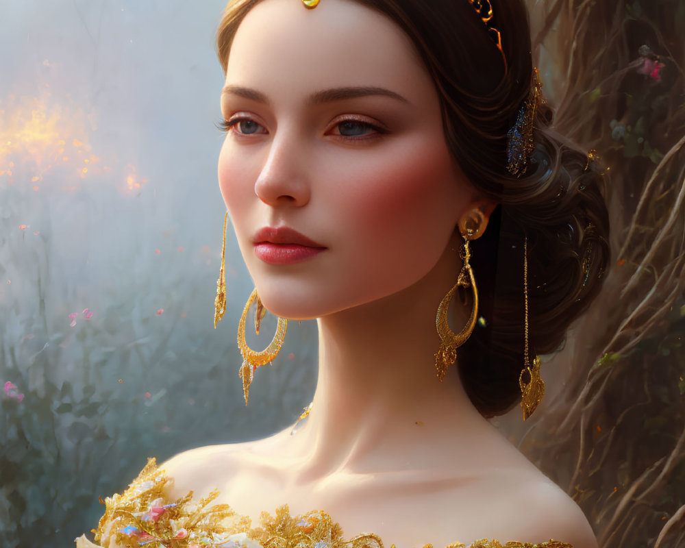 Woman in Gold Jewelry Poses in Misty Forest with Rose Bouquet