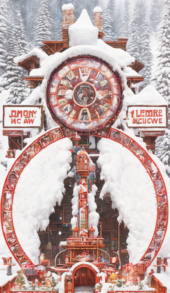 Snow-covered ornate building with large clock and intricate details amidst wintry trees.