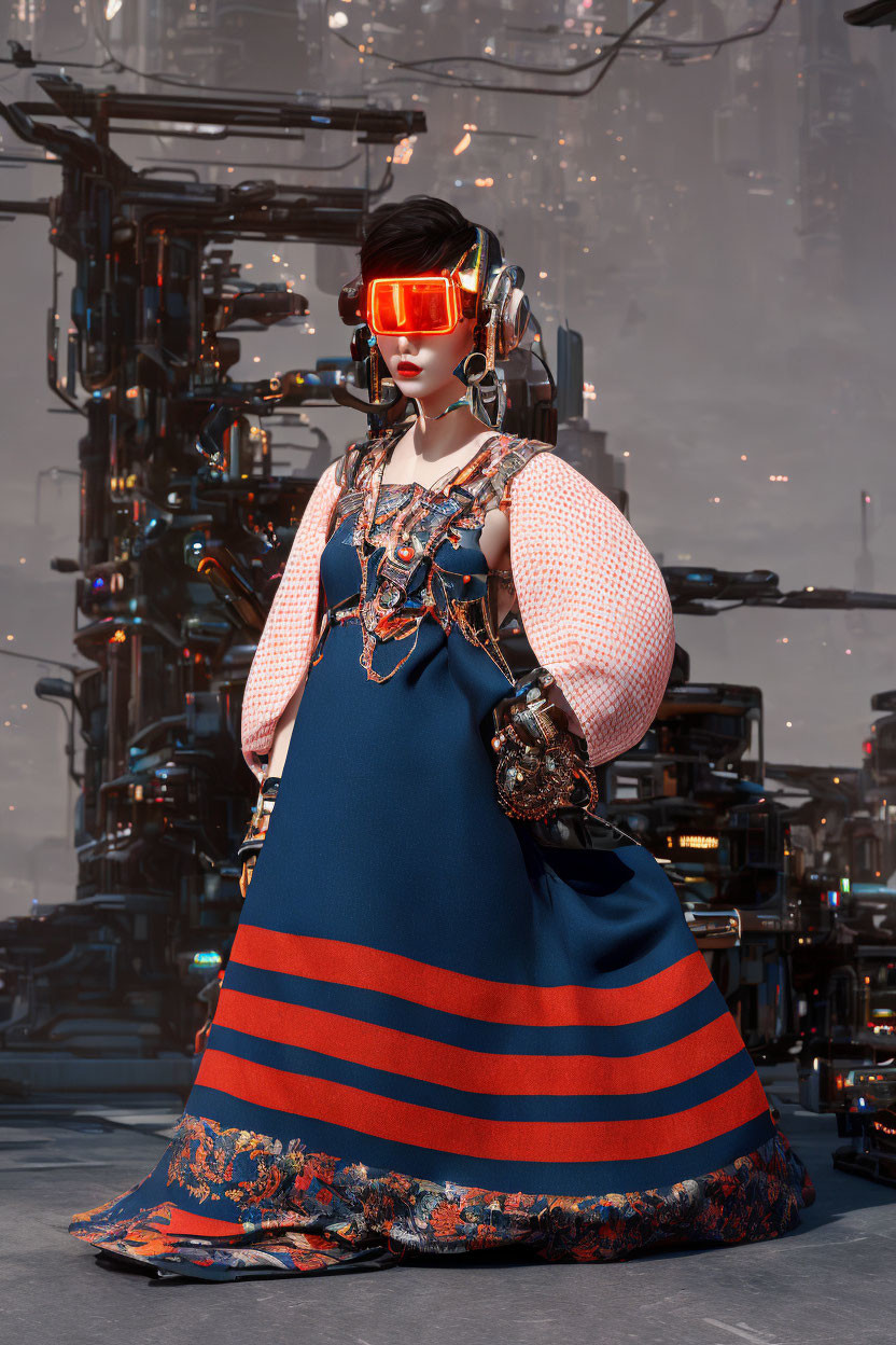 Futuristic woman in elegant dress with orange visor glasses against industrial backdrop