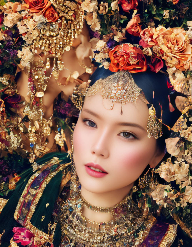 Luxurious Traditional Attire and Jewelry with Floral Background and Roses