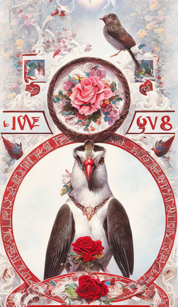 Central Bird Holding Key Surrounded by Floral Motifs and Decorative Frames