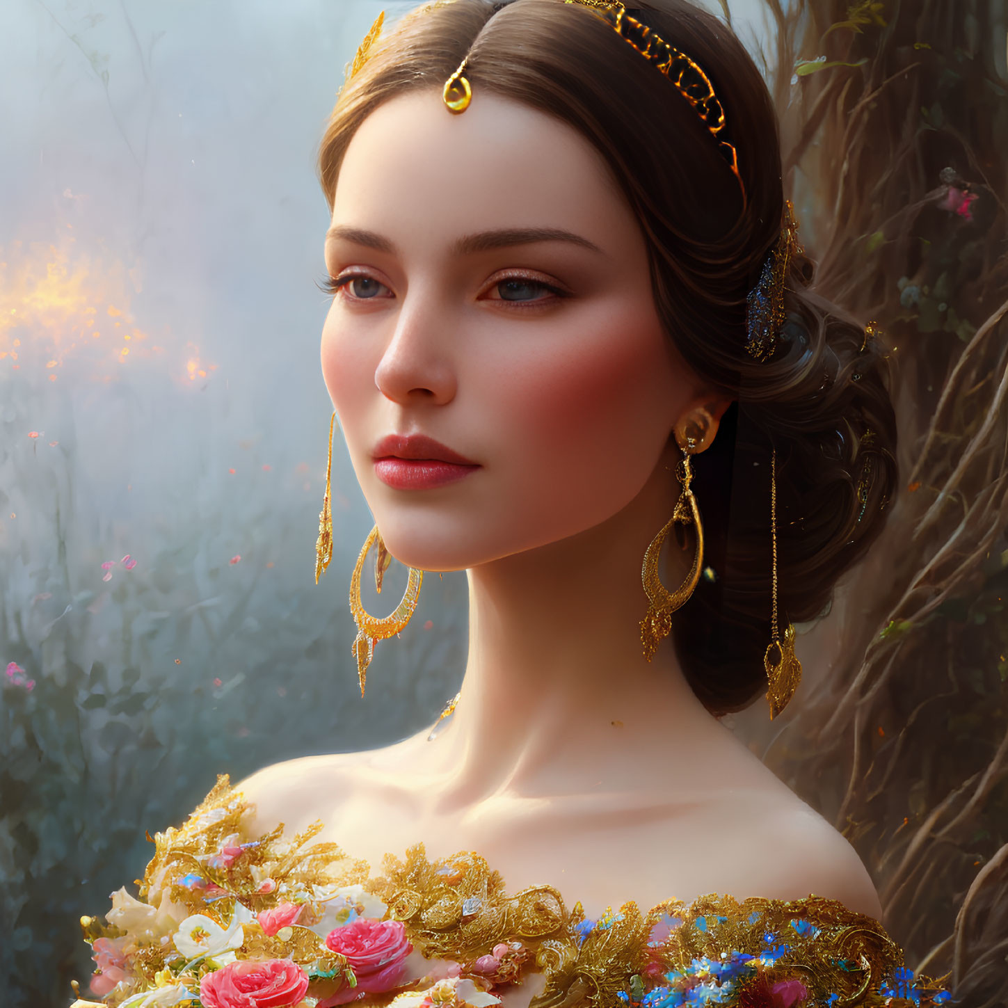 Woman in Gold Jewelry Poses in Misty Forest with Rose Bouquet