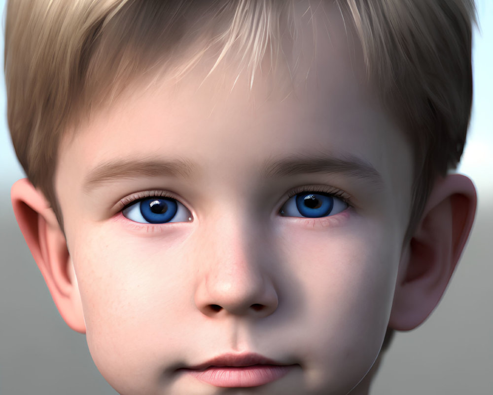 Detailed 3D rendering of young boy with blue eyes and blond hair