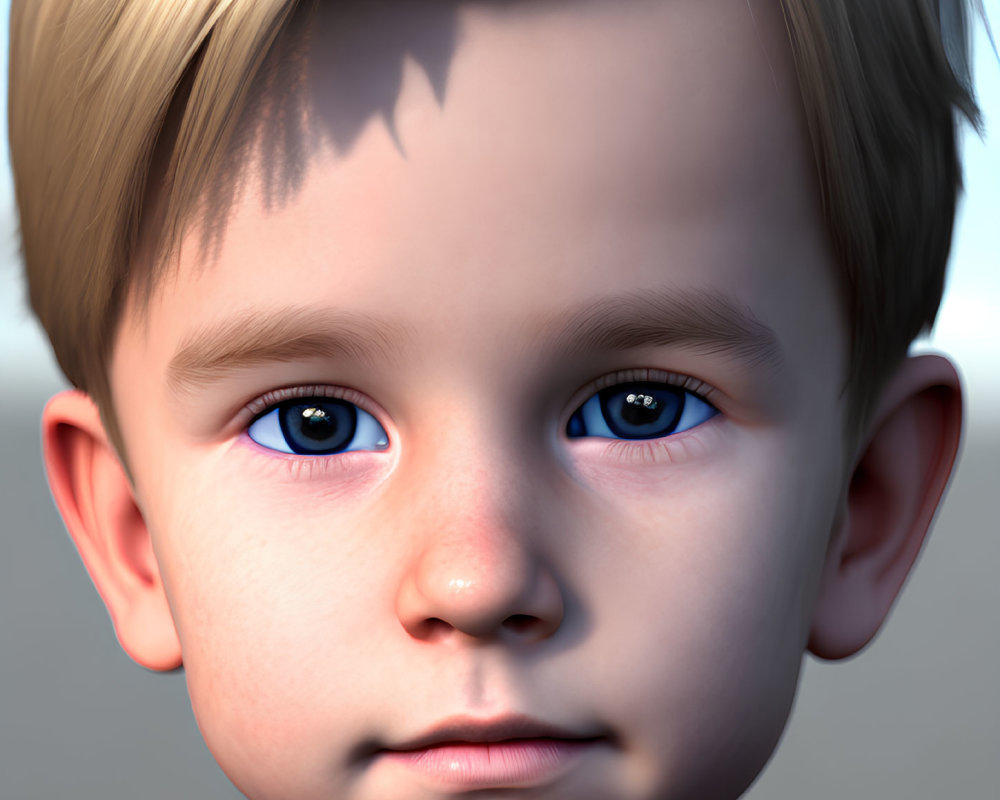 Rendered young boy with blue eyes, blond hair, and shadow, in blue shirt