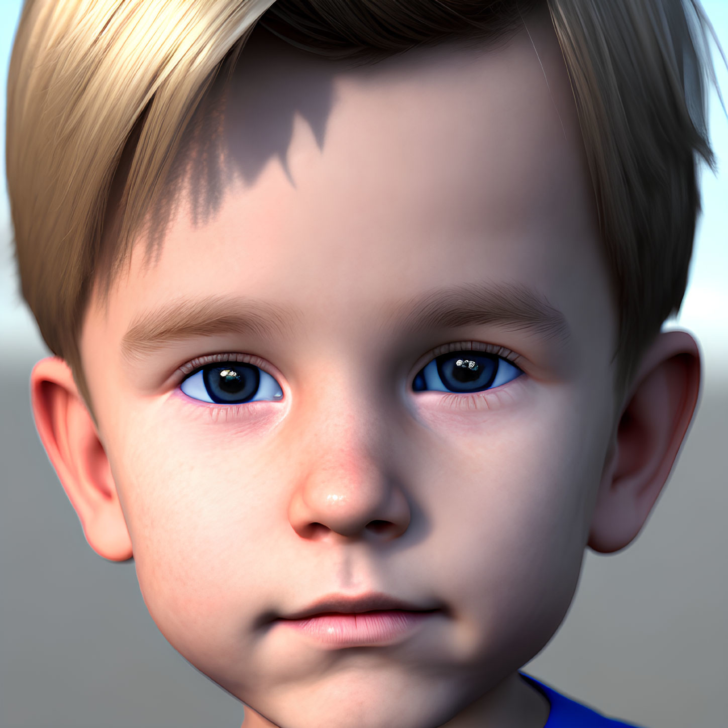 Rendered young boy with blue eyes, blond hair, and shadow, in blue shirt