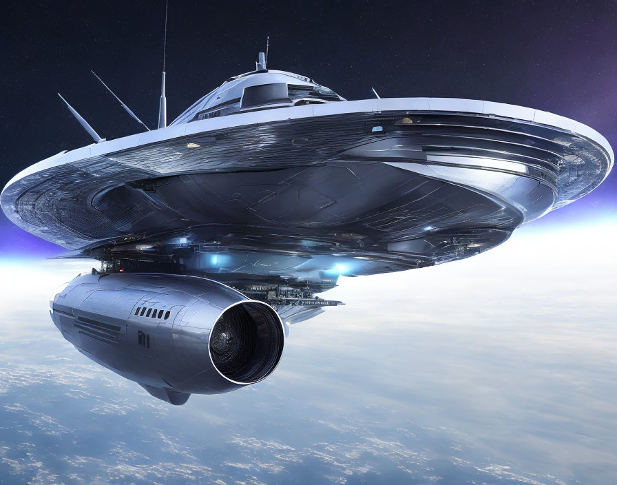 Futuristic spaceship with saucer section and engine nacelle against starry sky.