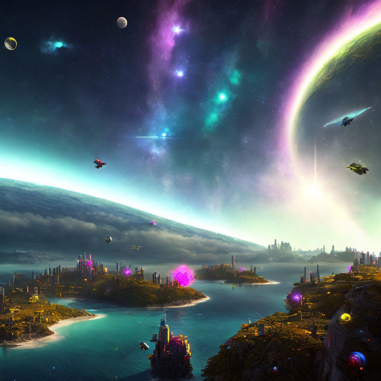 Futuristic sci-fi cityscape with cosmic backdrop