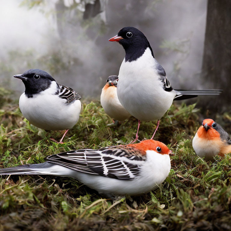 Four Birds with Black, White, and Orange Plumage on Grass with Background Fog