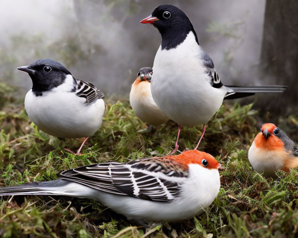 Four Birds with Black, White, and Orange Plumage on Grass with Background Fog