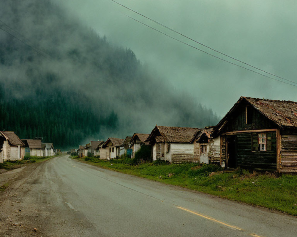 Desolate misty road with dilapidated houses and foggy forest