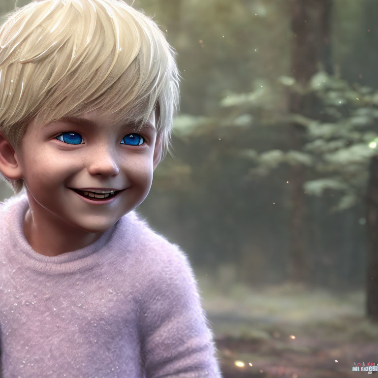 Smiling young boy with blue eyes in pink sweater against forest backdrop