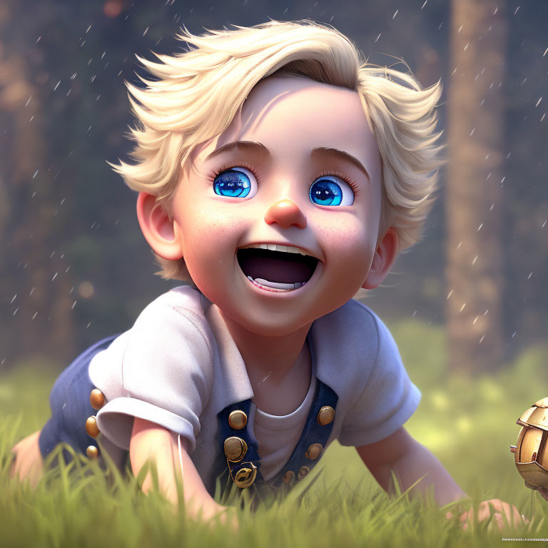 Blond-haired boy playing with toy turtle in sunny outdoor scene