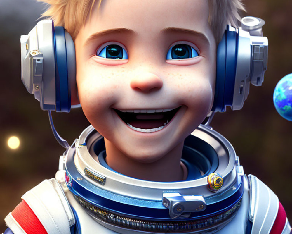 Young boy astronaut with blue eyes, big smile, space suit, headphones, Earth graphic