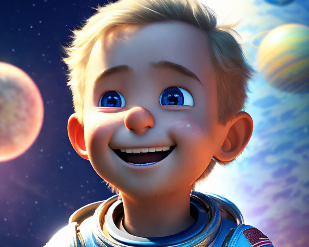 Young boy in spacesuit amazed by glowing planets and stars