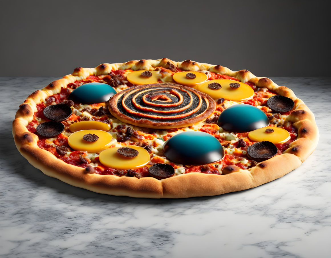 Large pizza with unique toppings: pepperoni, burnt bread, and colorful sweet circles.