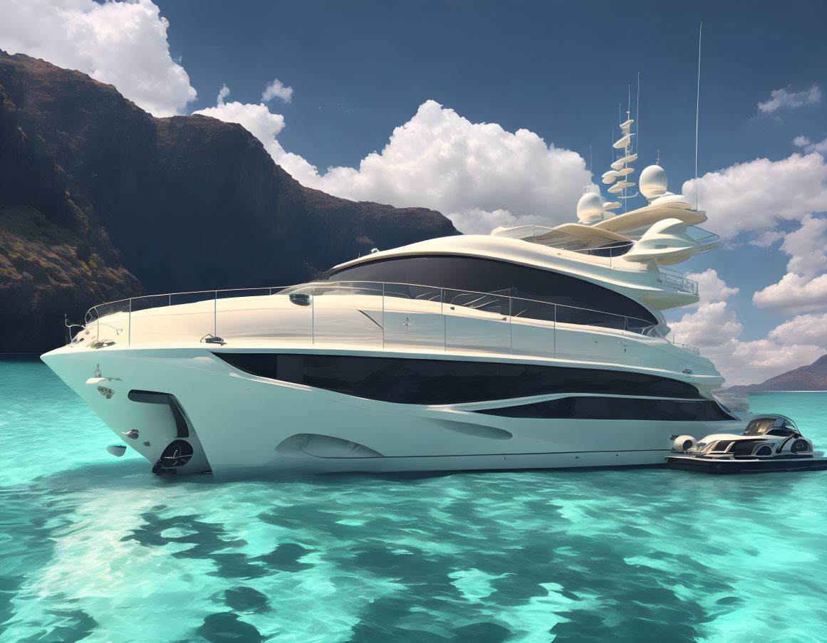 Luxurious yacht anchored near steep cliffs with small boat and car on retractable platform