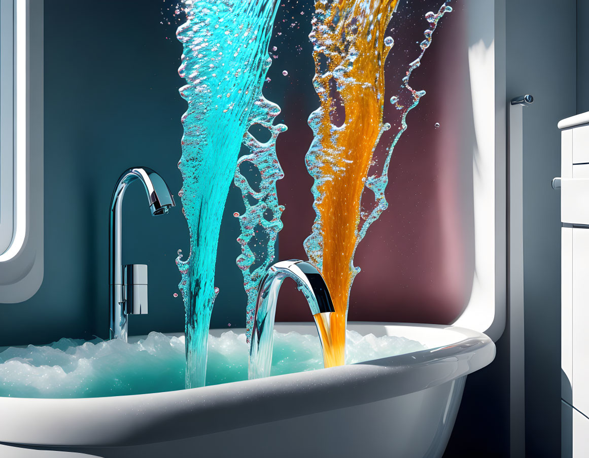 Digitally altered image: Blue and orange water faucets in modern bathroom