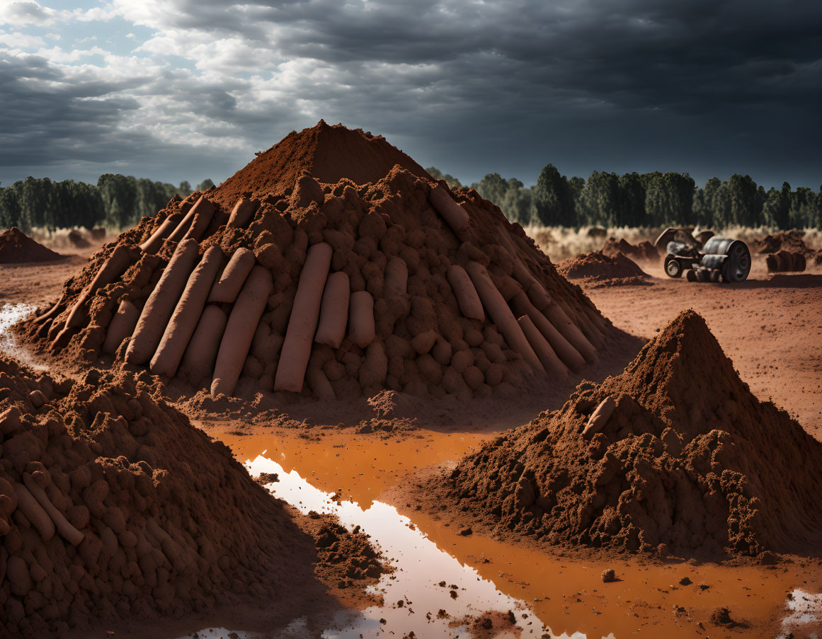 Red Soil Landscape with Cylindrical Formations and Tractor