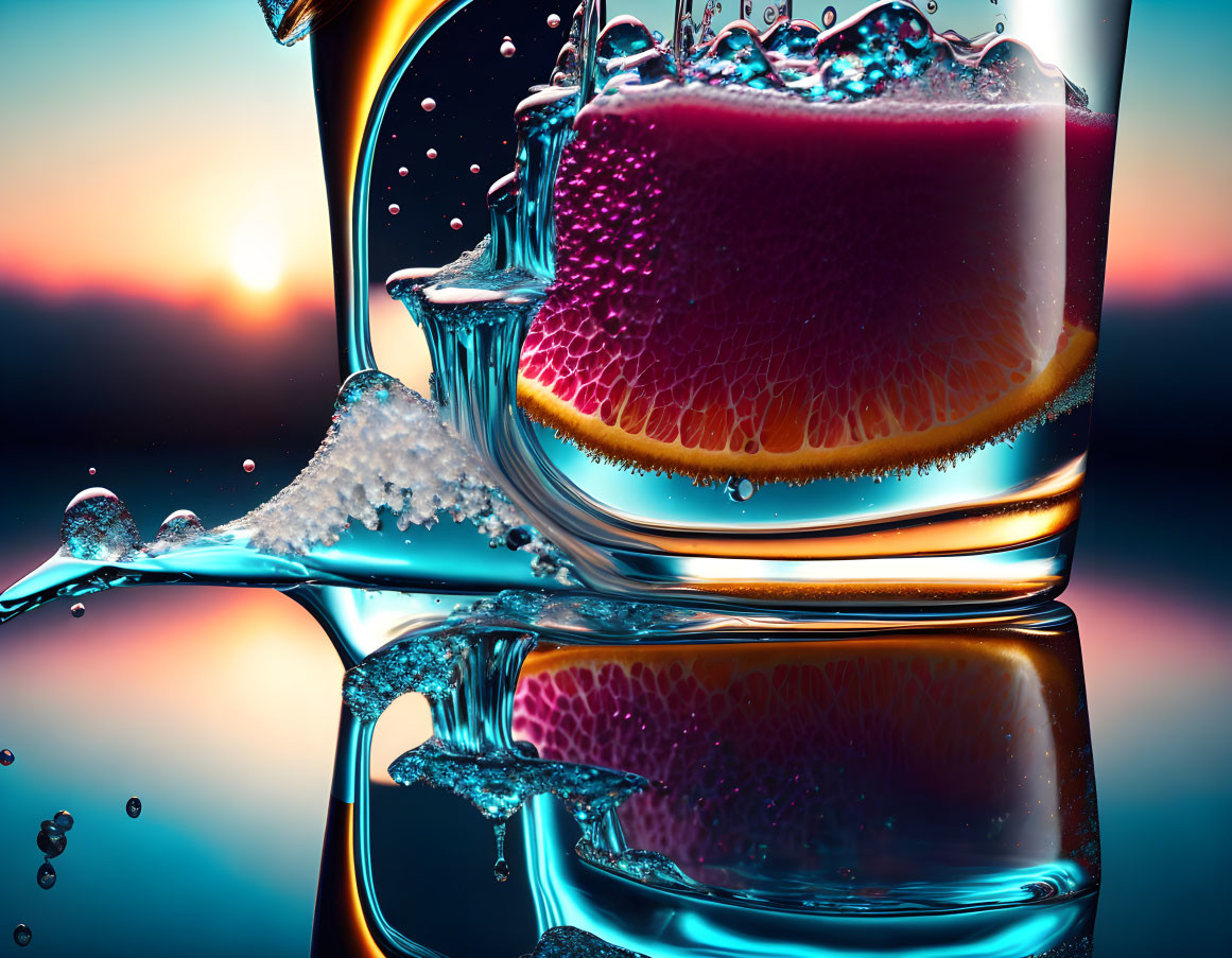 Close-up of citrus fruit in glass with splashing water and salt at sunset