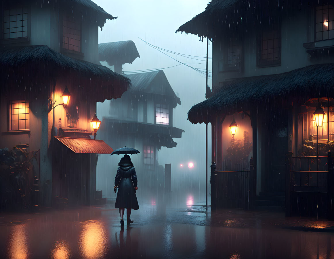 Solitary figure with umbrella in rainy, lamp-lit street