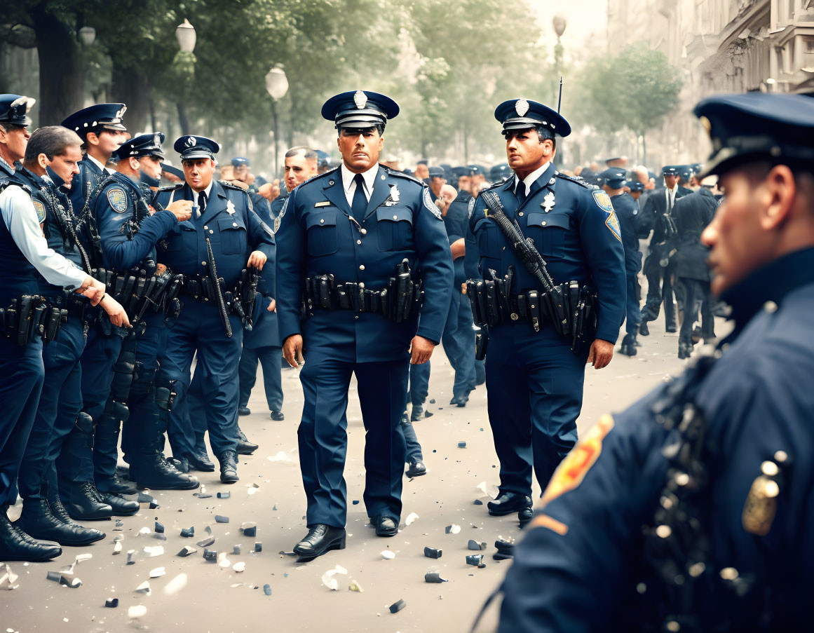 Uniformed police officers on littered street for crowd control