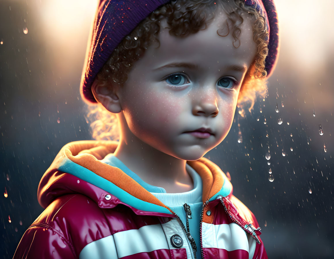 Curly-Haired Toddler in Beanie and Jacket Under Raindrops