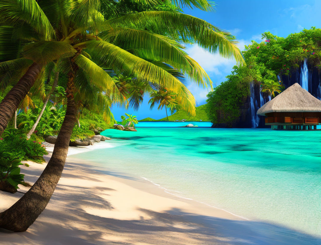 Sandy Beach, Palm Trees, Waterfall, Thatched Hut in Tropical Paradise