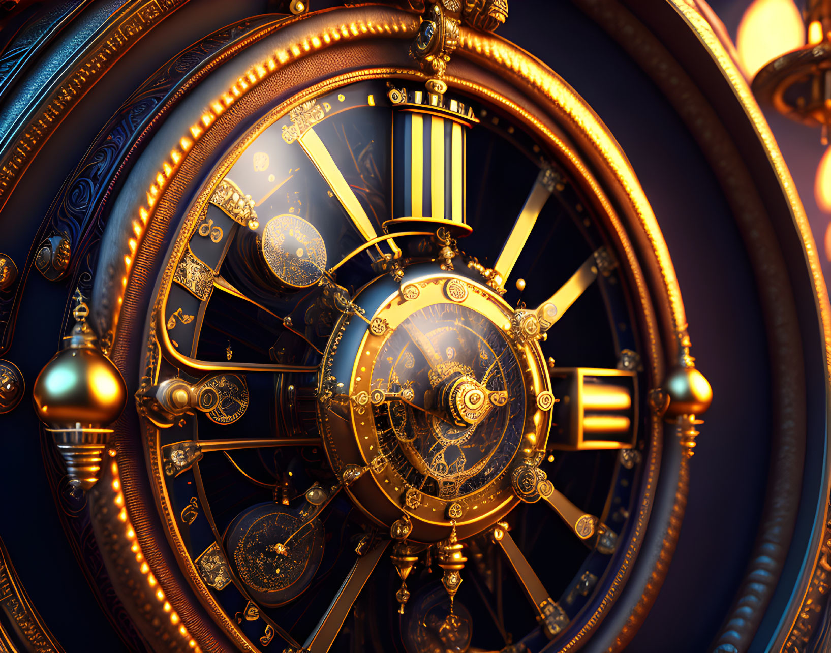 Detailed Steampunk Astrolabe with Golden Gears and Celestial Motifs