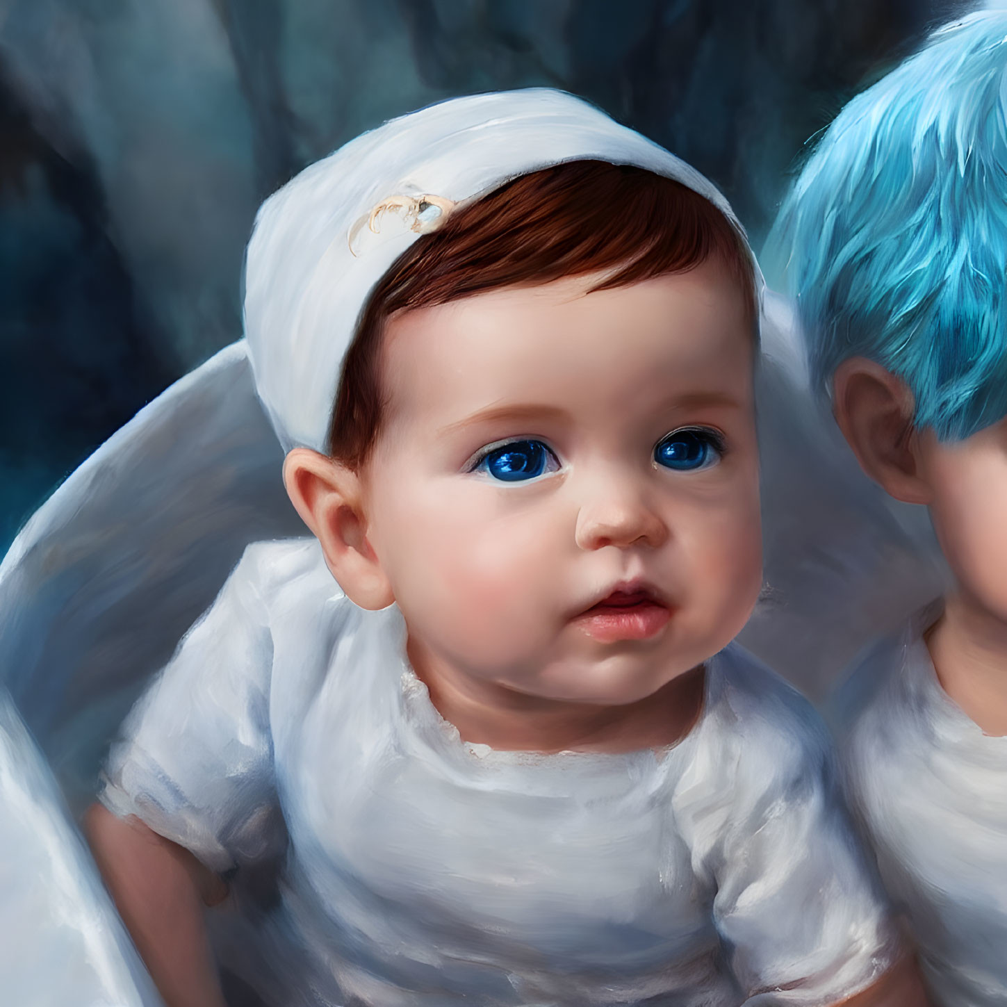 Baby in White Bonnet with Blue Eyes Digital Painting - Second Figure in Soft Focus