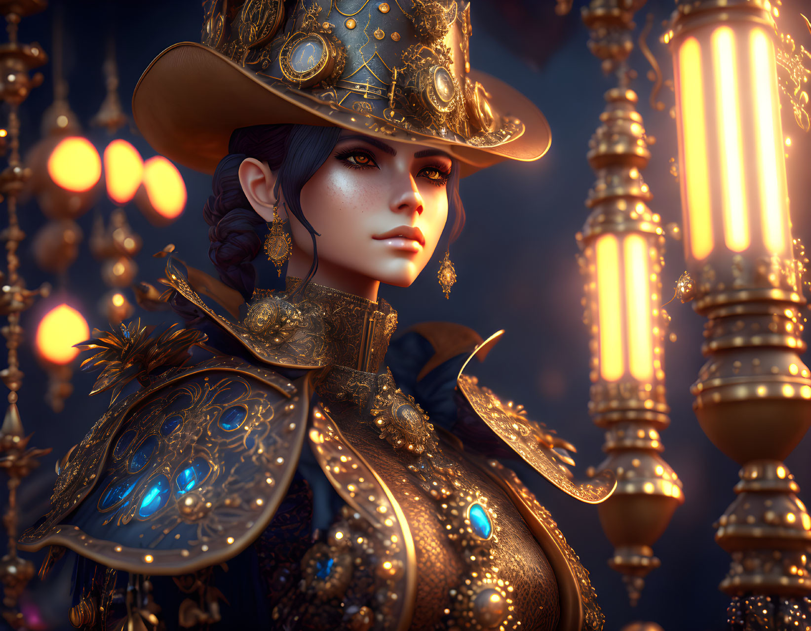 Steampunk-themed female figure in golden armor and top hat with gears and gemstones, surrounded by