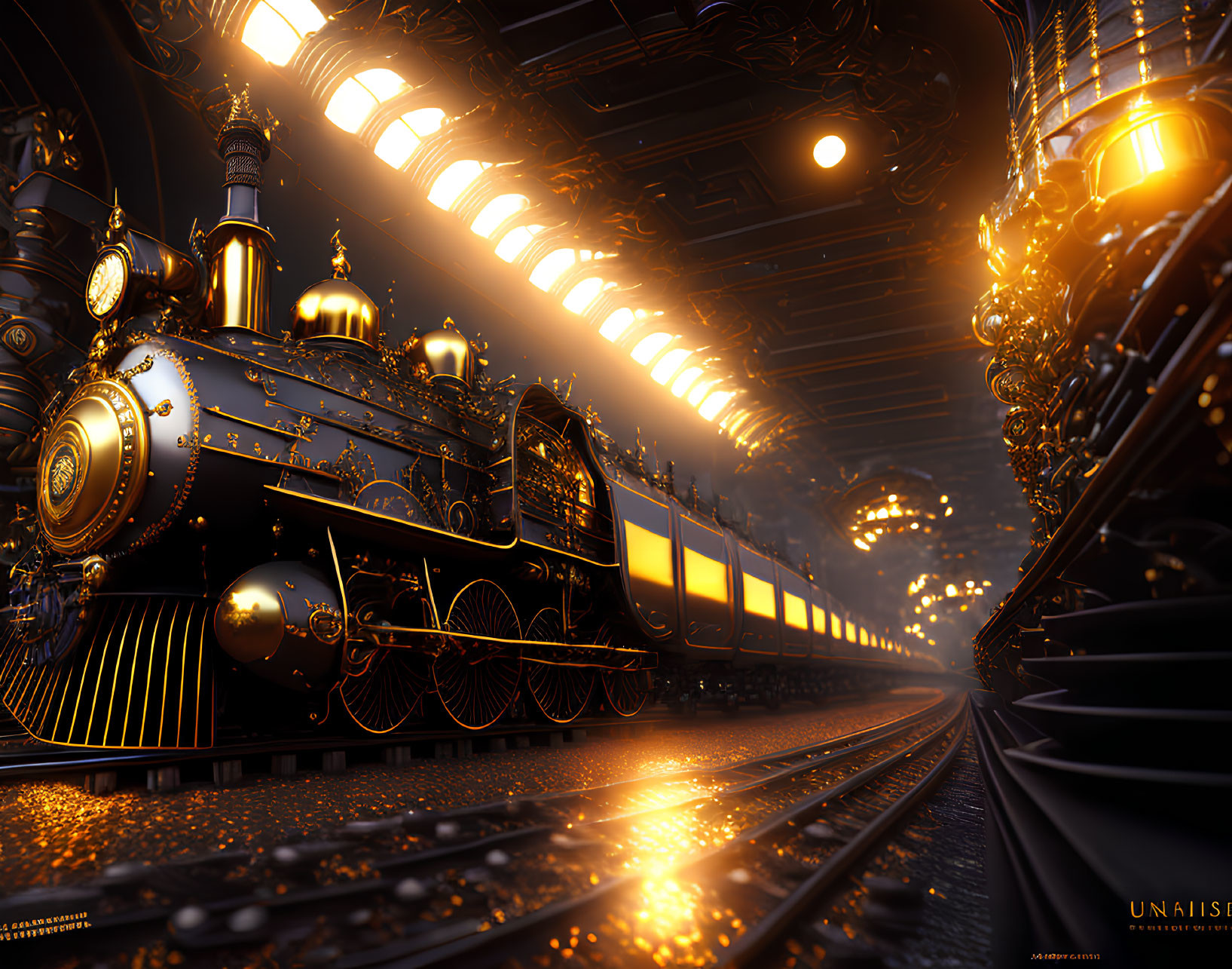 Steampunk-style train with golden accents in dark industrial setting