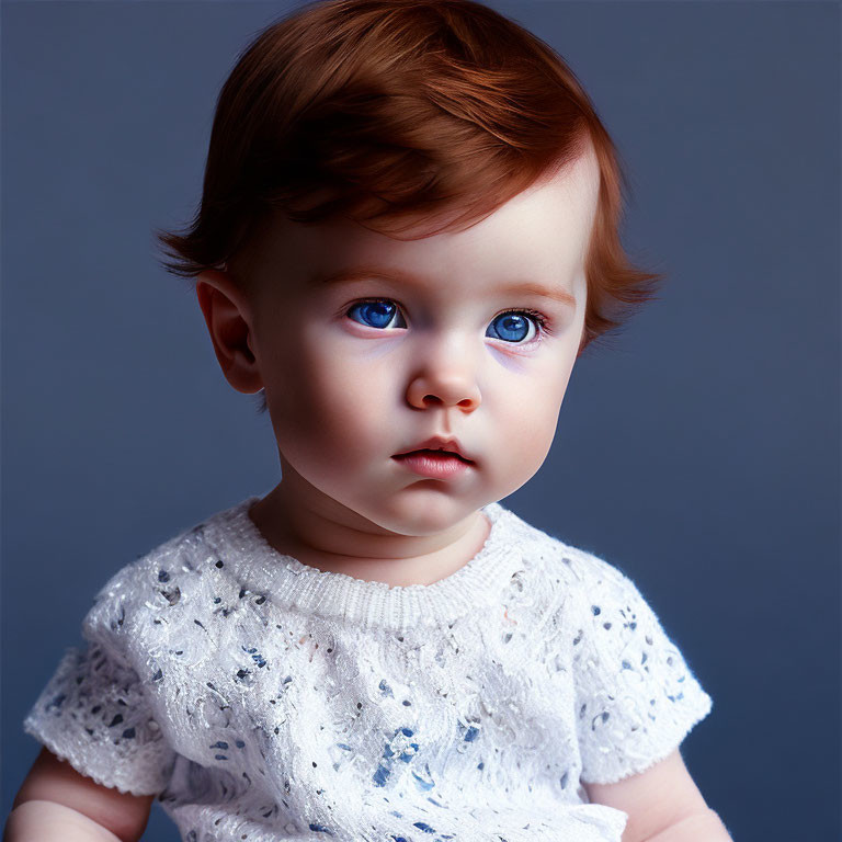 Toddler with Blue Eyes and Reddish-Brown Hair in White Top on Blue-Grey Background