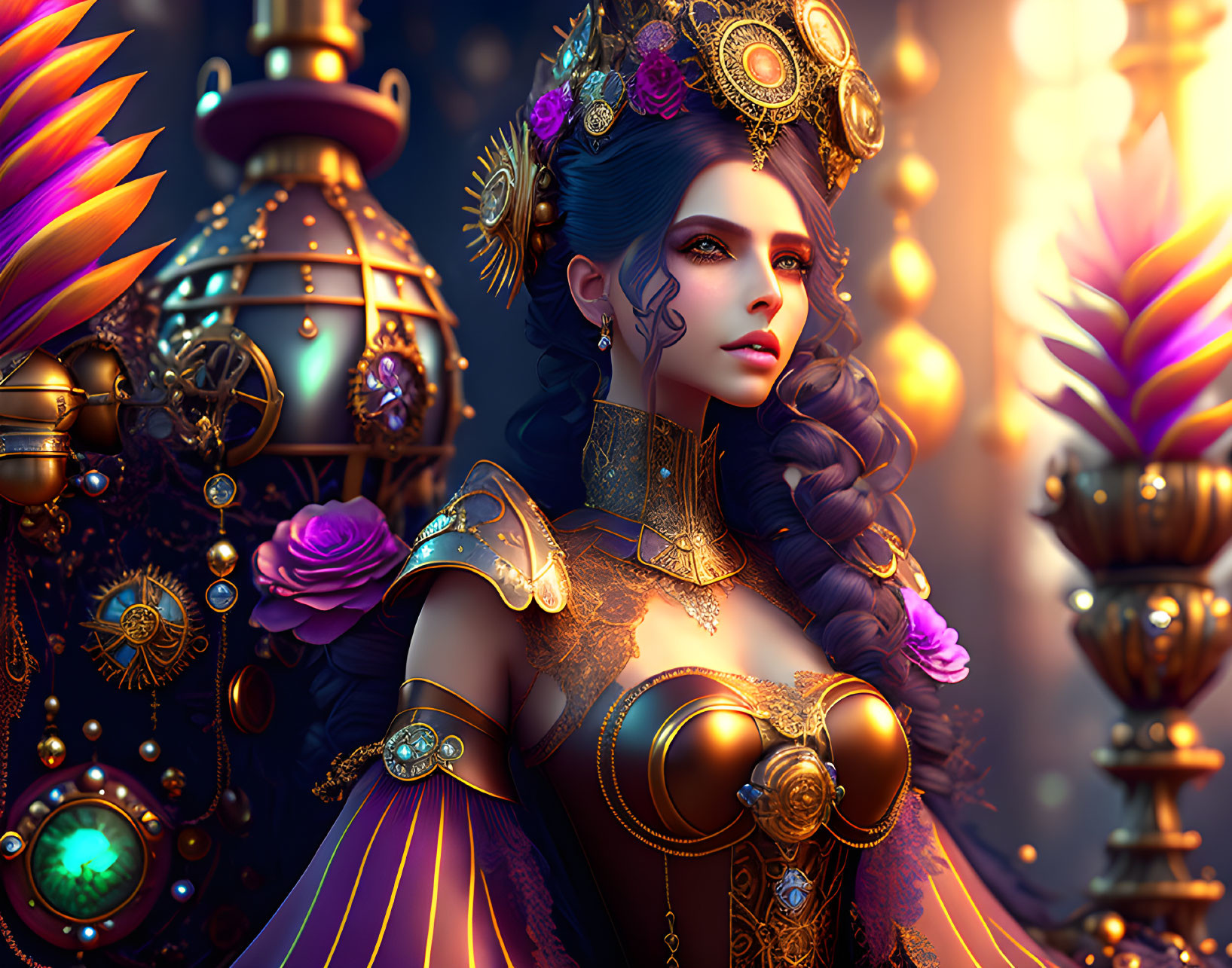 Fantasy Queen with Golden Crown, Armor, Magical Artifacts, and Exotic Flowers