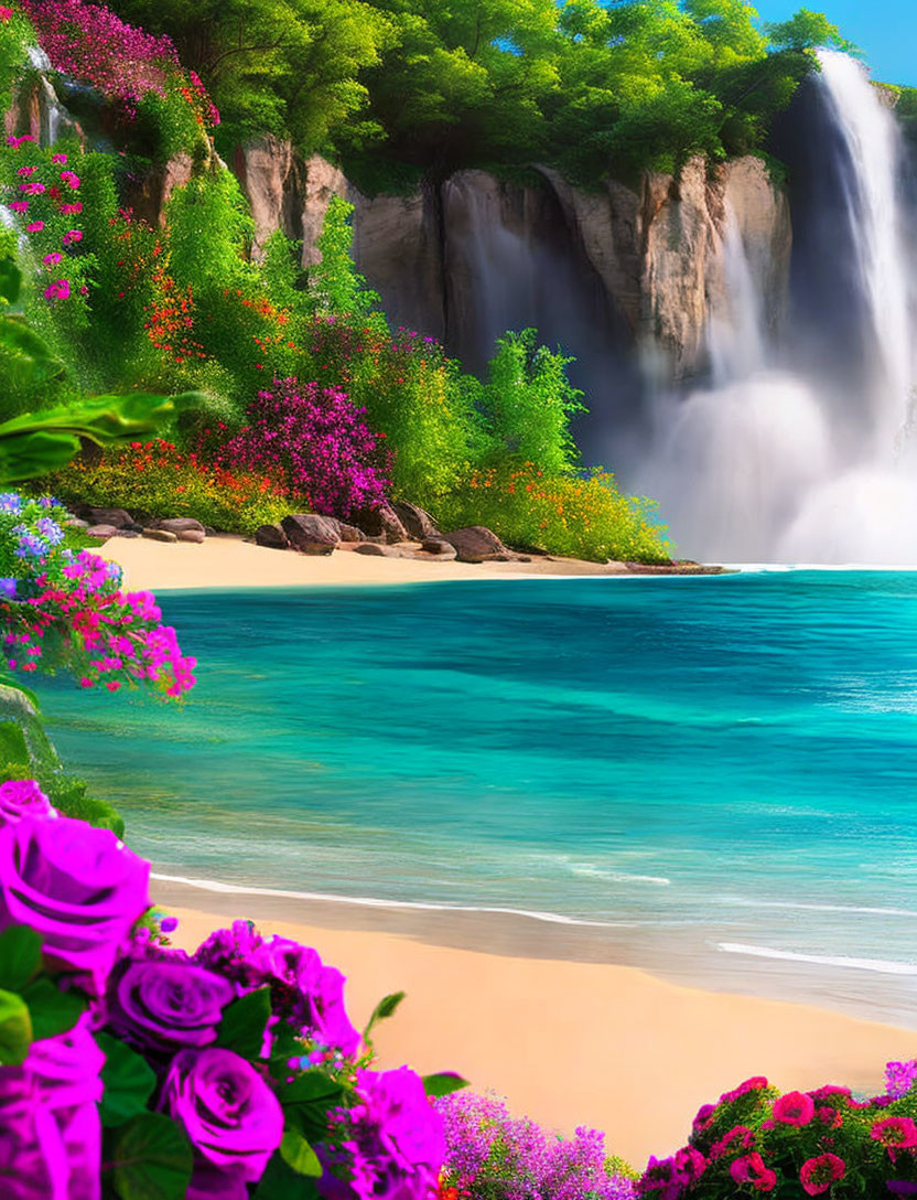 Tropical waterfall cascading into blue sea amidst lush greenery