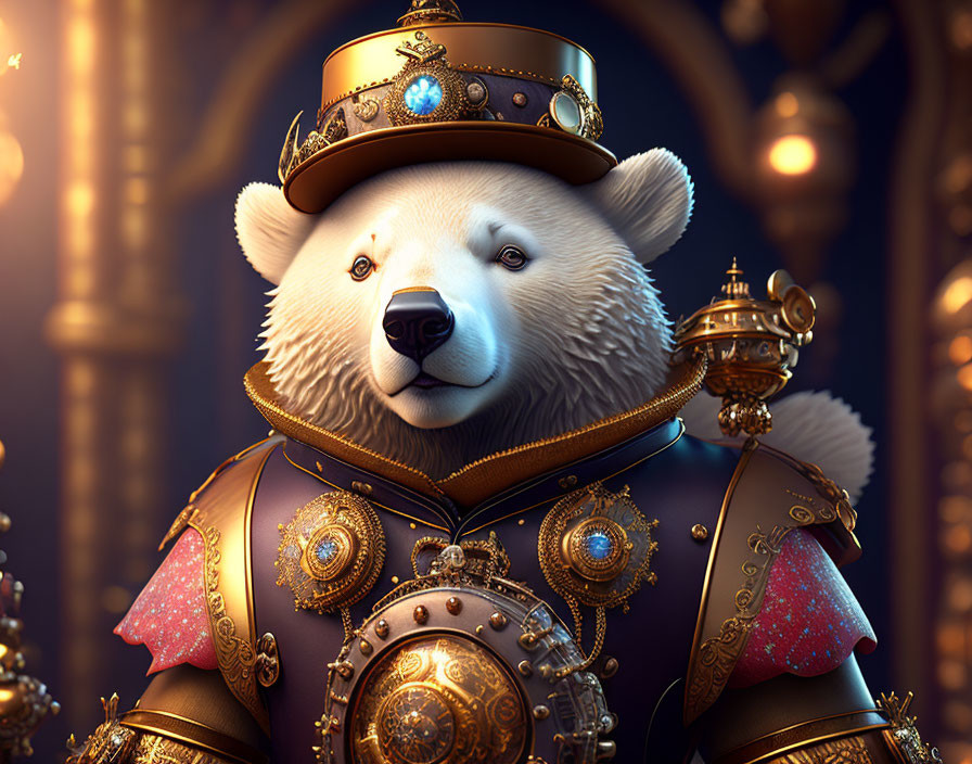 Anthropomorphic polar bear in regal attire in warm golden room