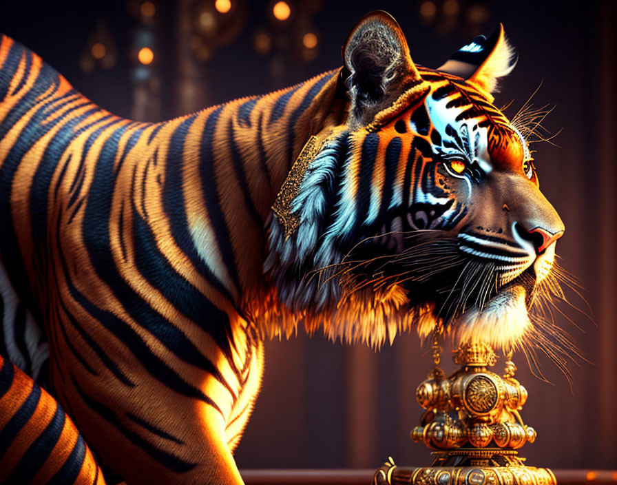 Striking tiger with vivid orange and black stripes on warm bokeh-lit background