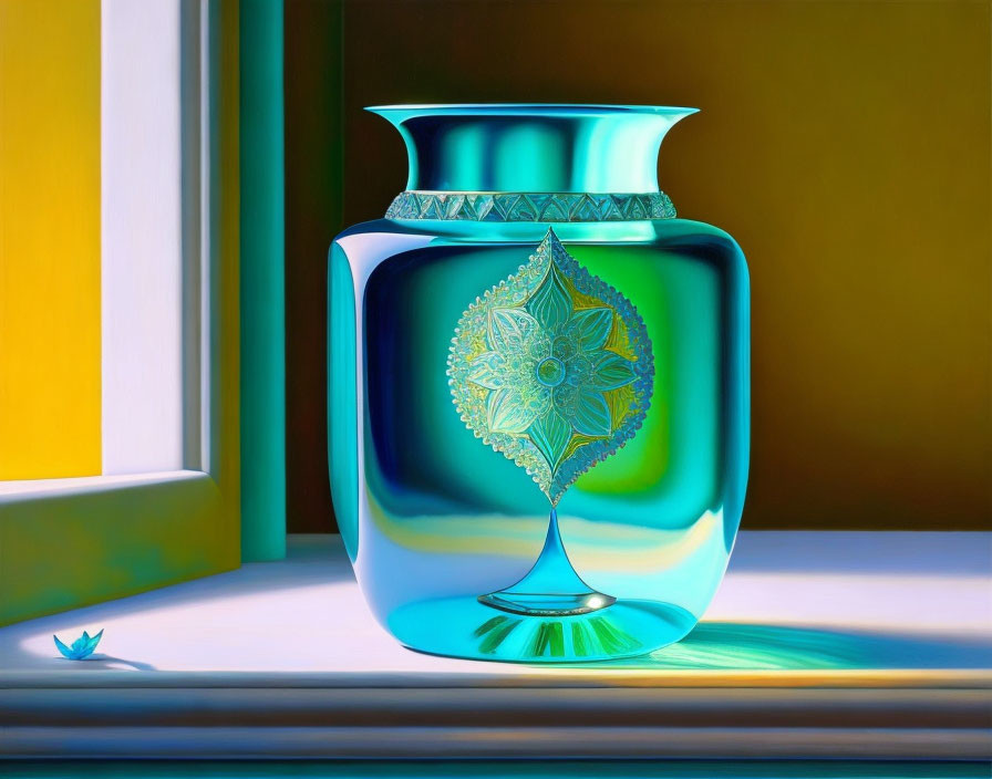 Colorful painting of blue vase against sunny window