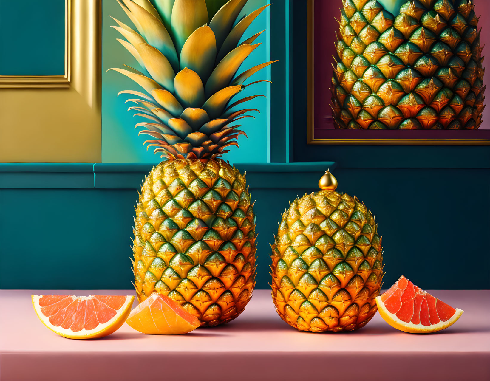 Fresh pineapples, pineapple slice, and orange slices on table with mirrored reflection.