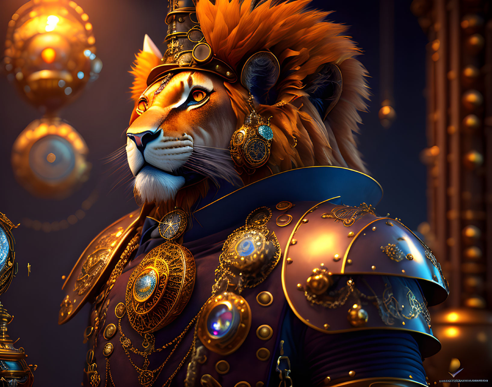 Anthropomorphic lion in gold-trimmed armor with golden orbs.