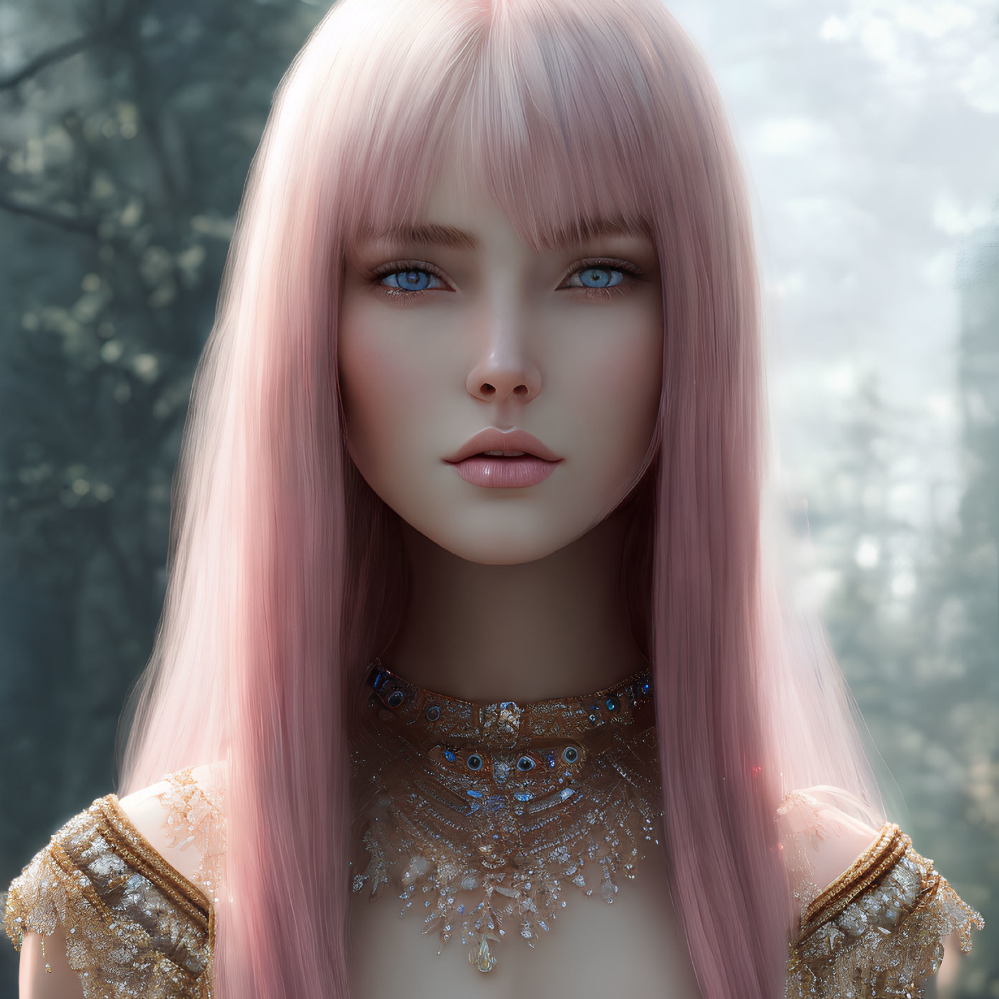 Portrait of a woman with pink hair and blue eyes against forest backdrop