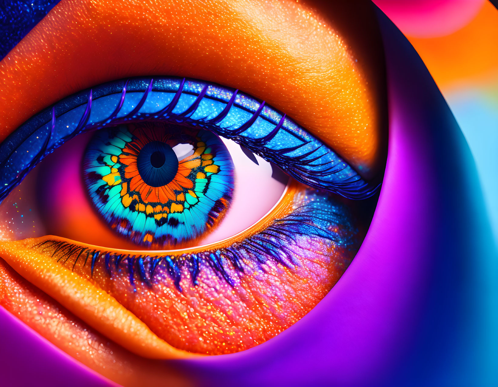 Close-up Image of Vibrant Eye with Colorful Iris and Glittery Eyeshadow